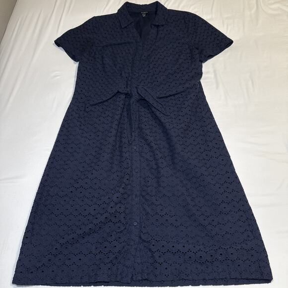 Talbots Shirt Dress Womens 14 Navy Embroidered Eyelet Short Sleeve Midi Tie EUC - Picture 1 of 13